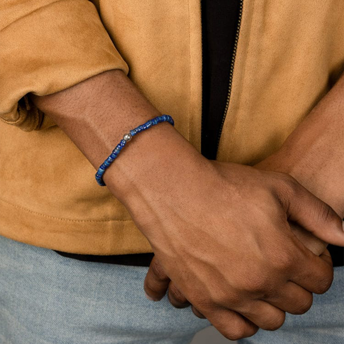Nialaya Men&#8217;s Wristband with Blue Lapis Heishi Beads and Silver