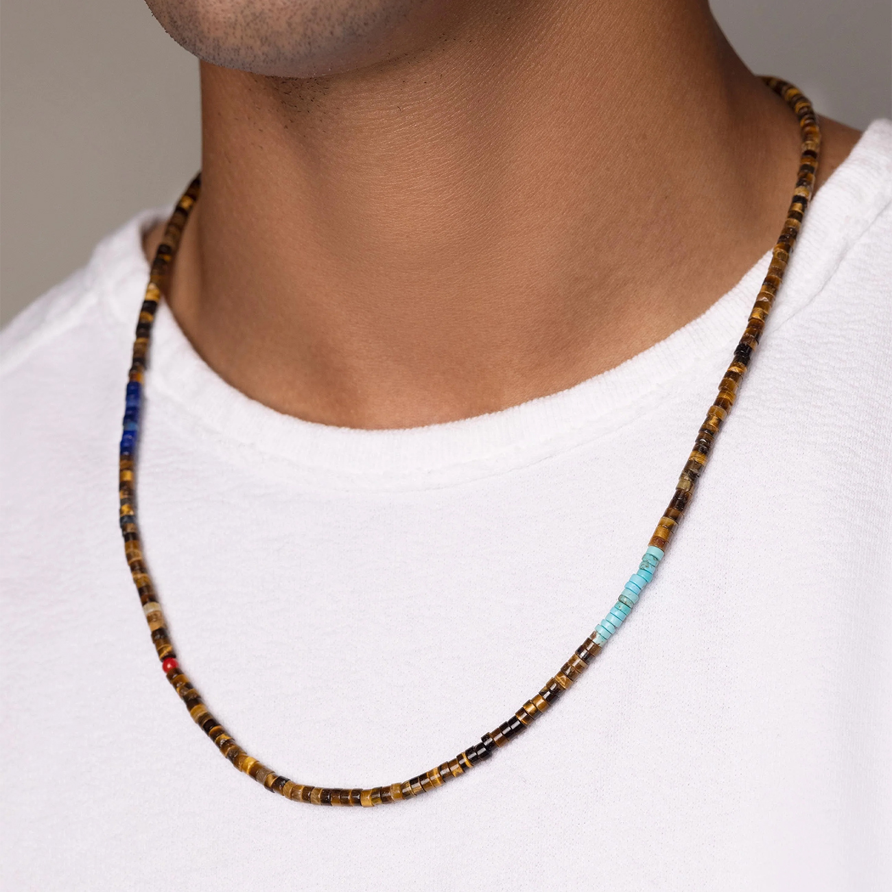 Nialaya Brown Tiger Eye Heishi Necklace with Blue Lapis and Turquoise