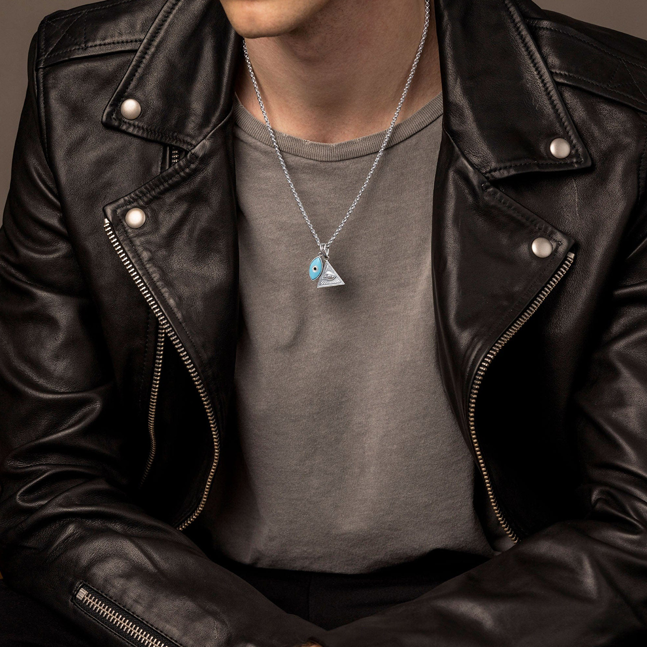 Nialaya Men&#8217;s Silver Necklace with Turquoise Blue Eye and Eye of Ra Pendant