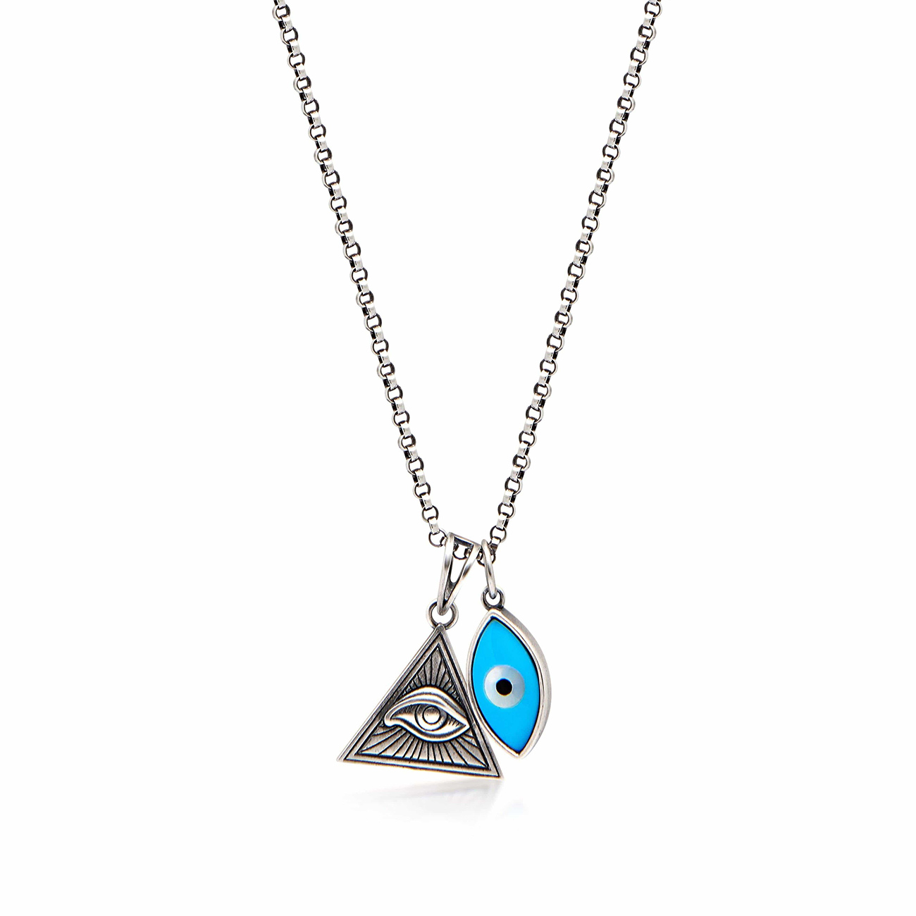 Nialaya Men&#8217;s Silver Necklace with Turquoise Blue Eye and Eye of Ra Pendant