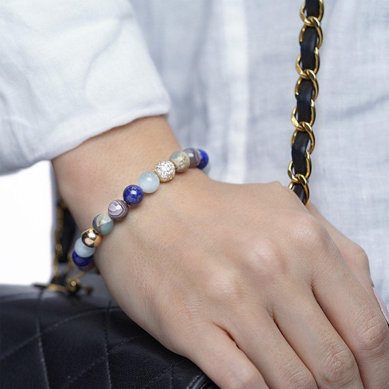 Nialaya Women&#8217;s Beaded Bracelet with Aquamarine, Blue Lapis, Opal, and Botswana Agate