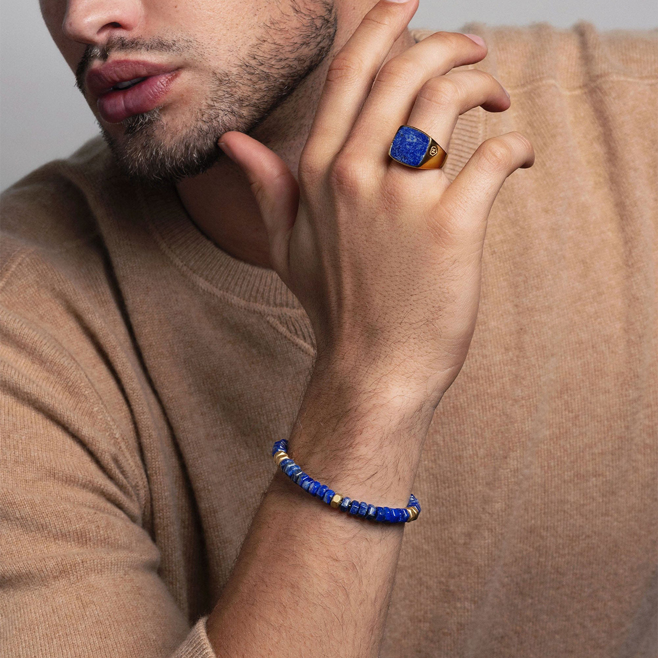 Nialaya Men&#8217;s Hexagon Beaded Bracelet with Blue Lapis and Gold