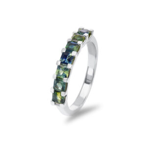 Iris ring with seven princess cut parti sapphires set on a 9k white gold band