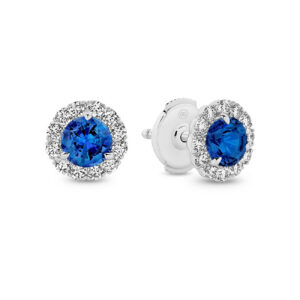 Blue Sapphire & Diamond Round Halo Stud Earrings in 18K White Gold