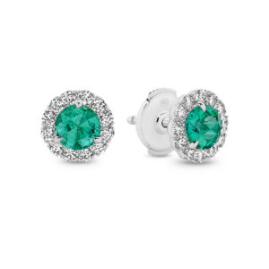 Green Emerald & Diamond Round Halo Stud Earrings in 18K White Gold