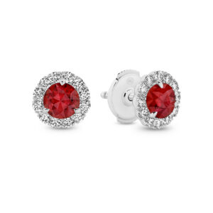 Ruby & Diamond Round Halo Stud Earrings in 18K White Gold