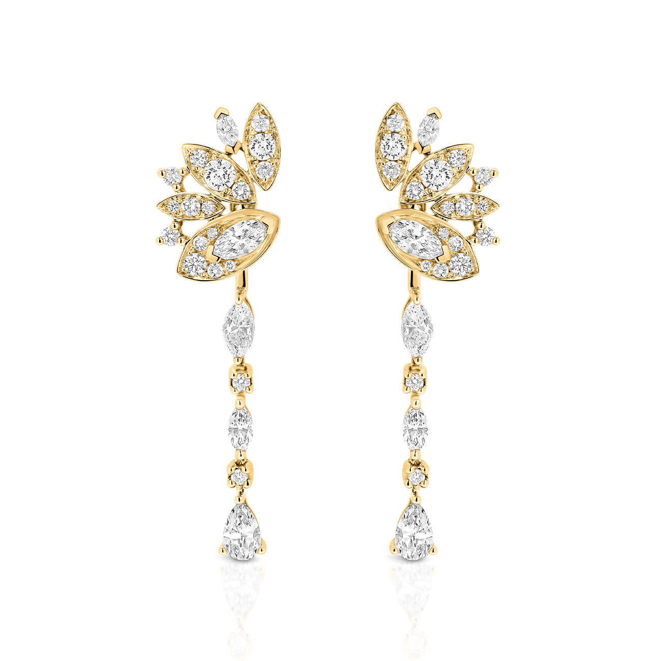 Marquise &#038; Round Diamond Pave Feather Earrings In 18K Yellow Gold
