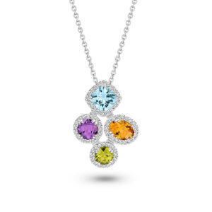 Multi-Coloured Gemstone & Diamond Halo Pendant in 18K White Gold