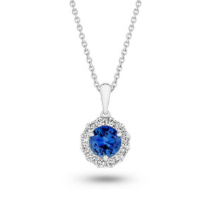 Blue Sapphire & Diamond Round Halo Pendant in 18K White Gold