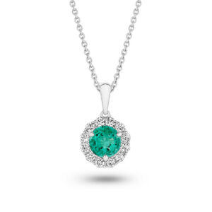 Green Emerald & Diamond Round Halo Pendant in 18K White Gold