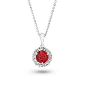 Ruby & Diamond Round Halo Pendant in 18K White Gold