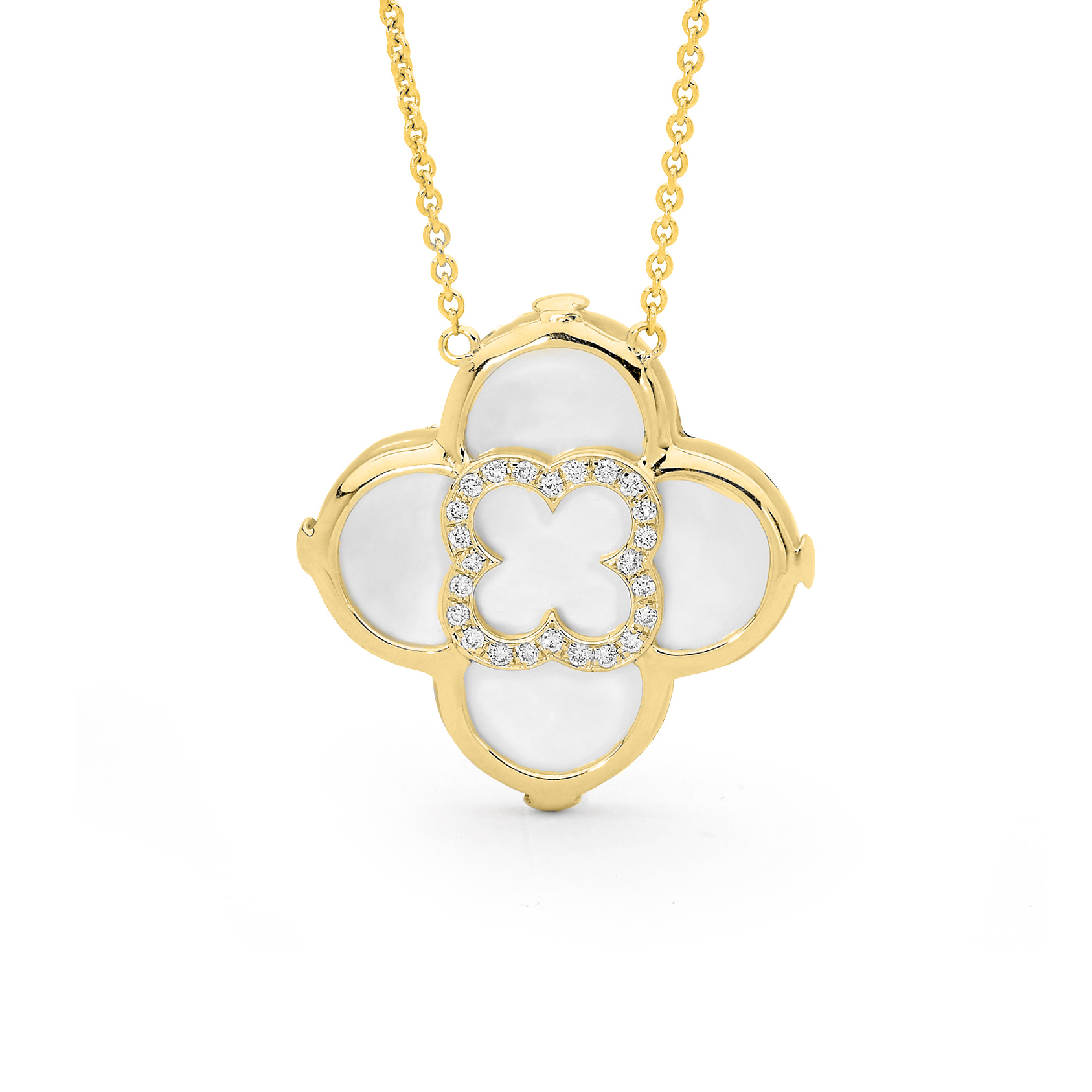 Allure Mother of Pearl &#038; Diamond Four Leaf Clover Necklace in 18K Yellow Gold