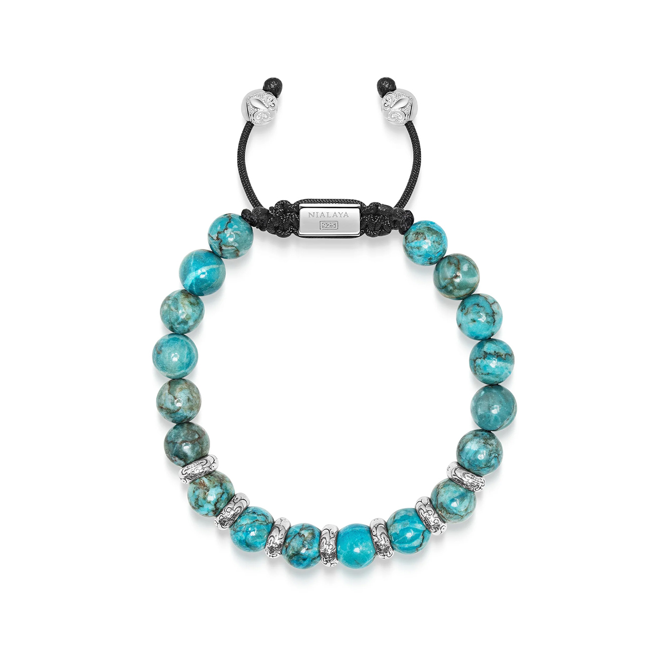 Nialaya Men&#8217;s Sterling Silver Beaded Bracelet with Turquoise