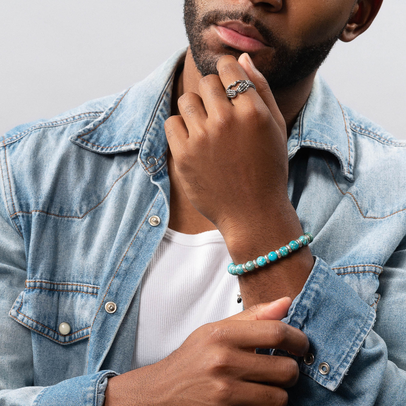 Nialaya Men&#8217;s Sterling Silver Beaded Bracelet with Turquoise