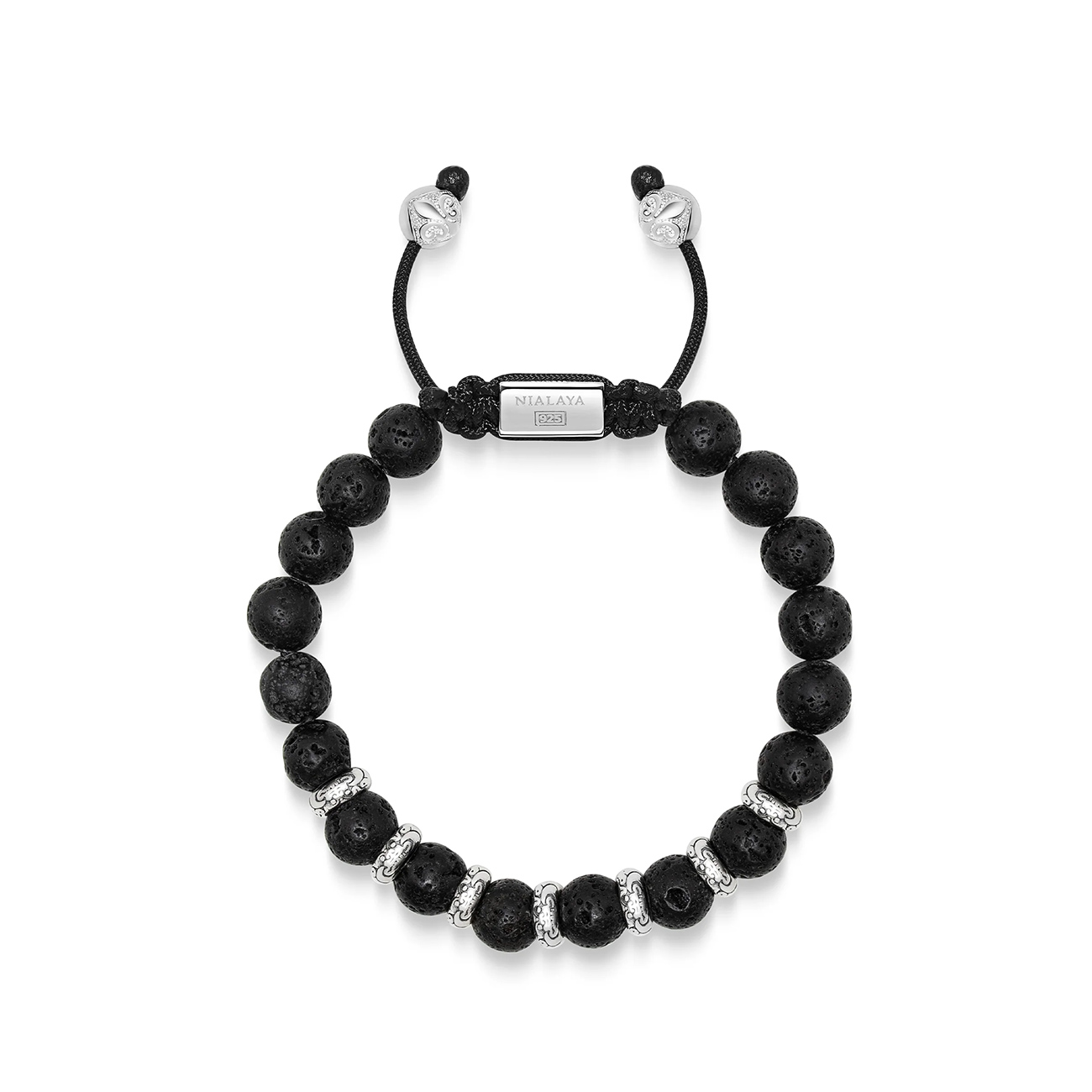 Nialaya Men's Sterling Silver Beaded Bracelet with Lava Stone