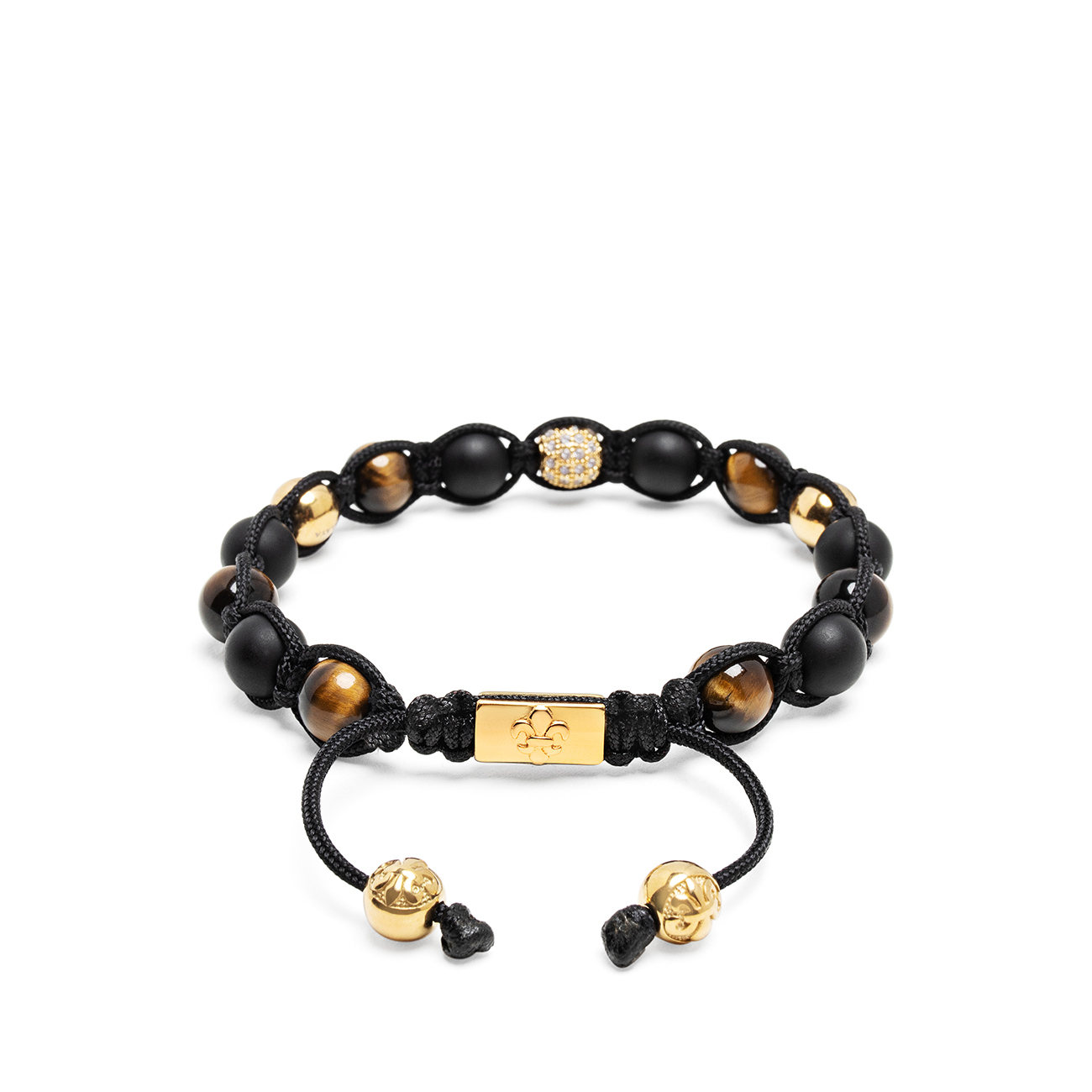 Nialaya Men&#8217;s Gold Beaded Bracelet with Matte Onyx, Brown Tiger Eye &#038; CZ Beads