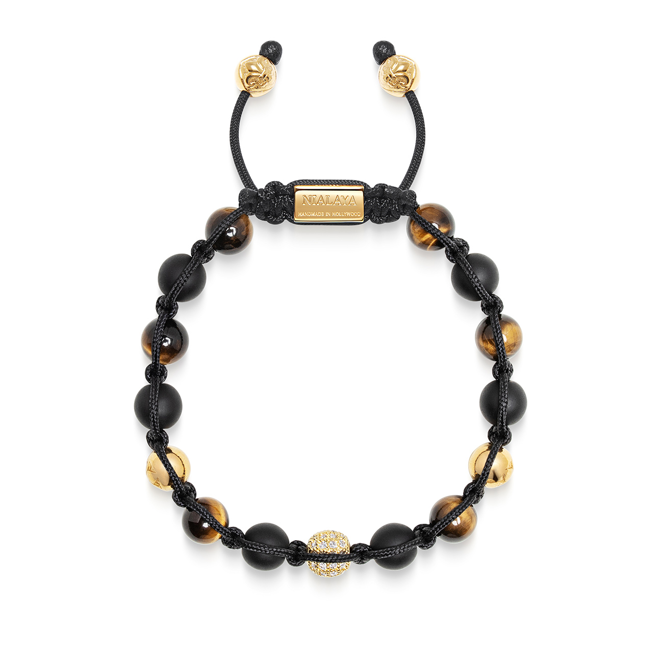 Nialaya Men&#8217;s Gold Beaded Bracelet with Matte Onyx, Brown Tiger Eye &#038; CZ Beads