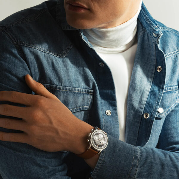 Raymond Weil Millesime Chronograph 39mm with anthracite reverse panda dial and camel leather strap