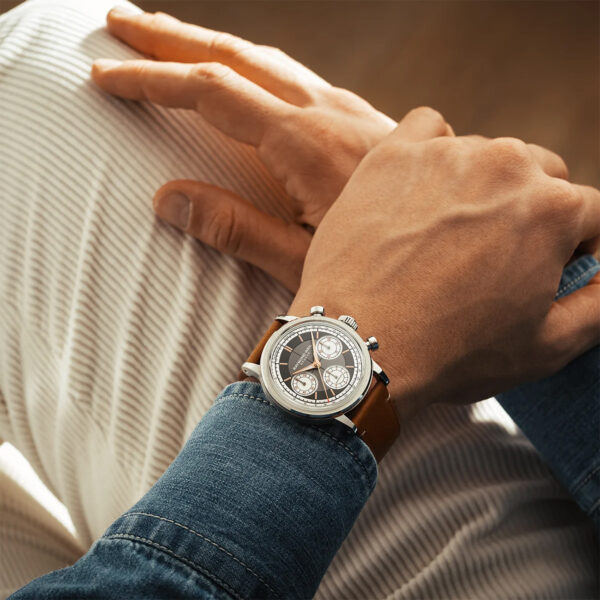 Raymond Weil Millesime Chronograph 39mm with anthracite reverse panda dial and camel leather strap