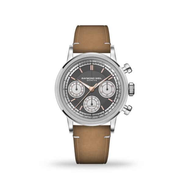 Raymond Weil Millesime Chronograph 39mm with anthracite reverse panda dial and camel leather strap