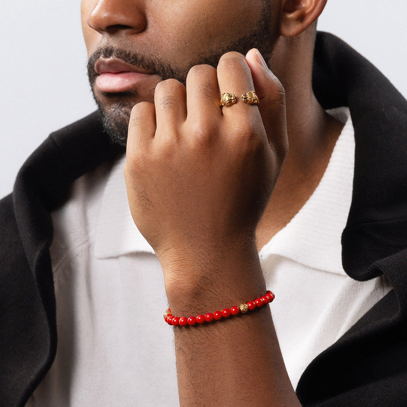 Nialaya 6mm Red Jade Bracelet with Gold Balls