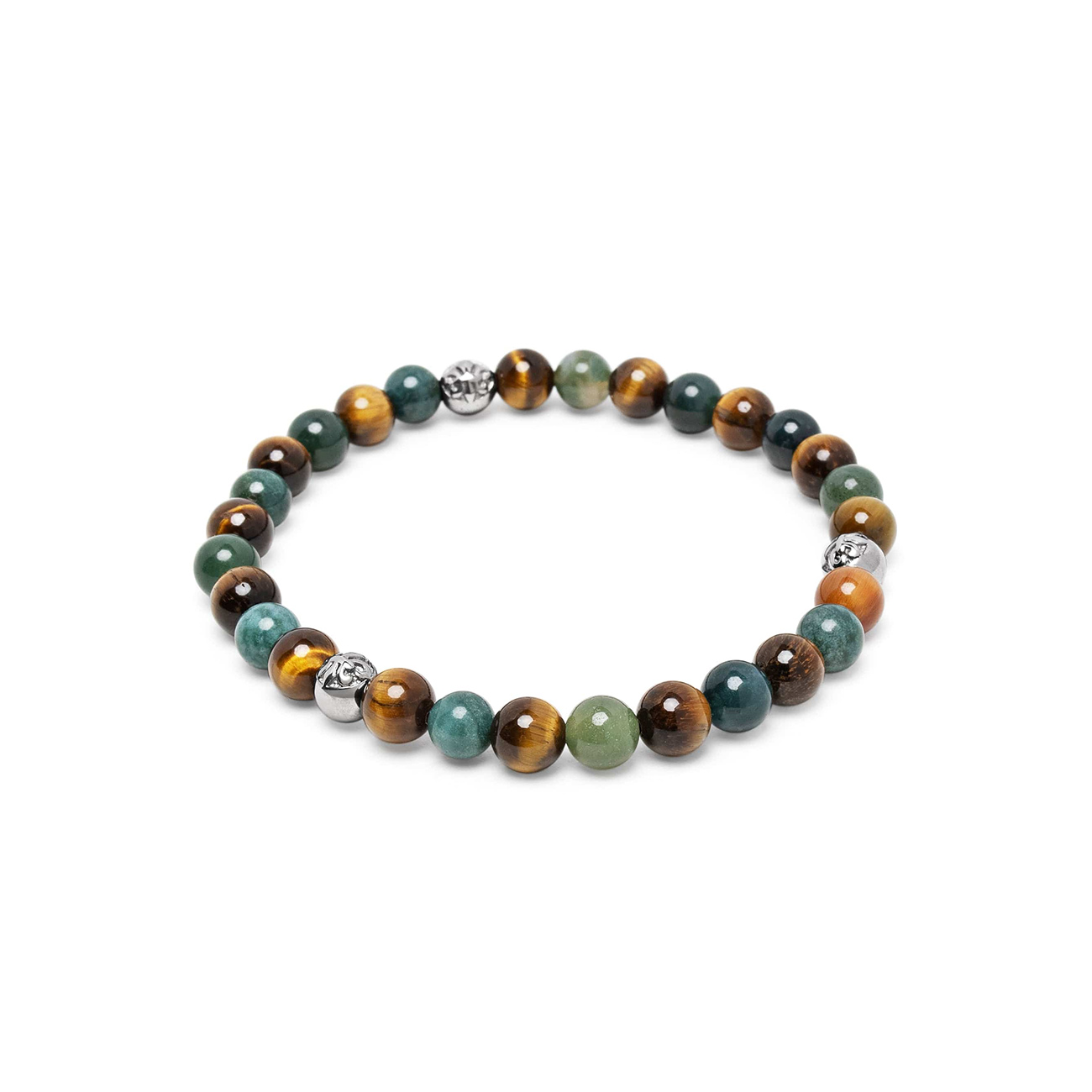 Nialaya 6mm Tiger Eye and Aquatic Agate Bracelet with Silver Balls