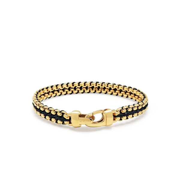 Nialaya Men's Black Woven 8mm Box Chain Bracelet in Gold