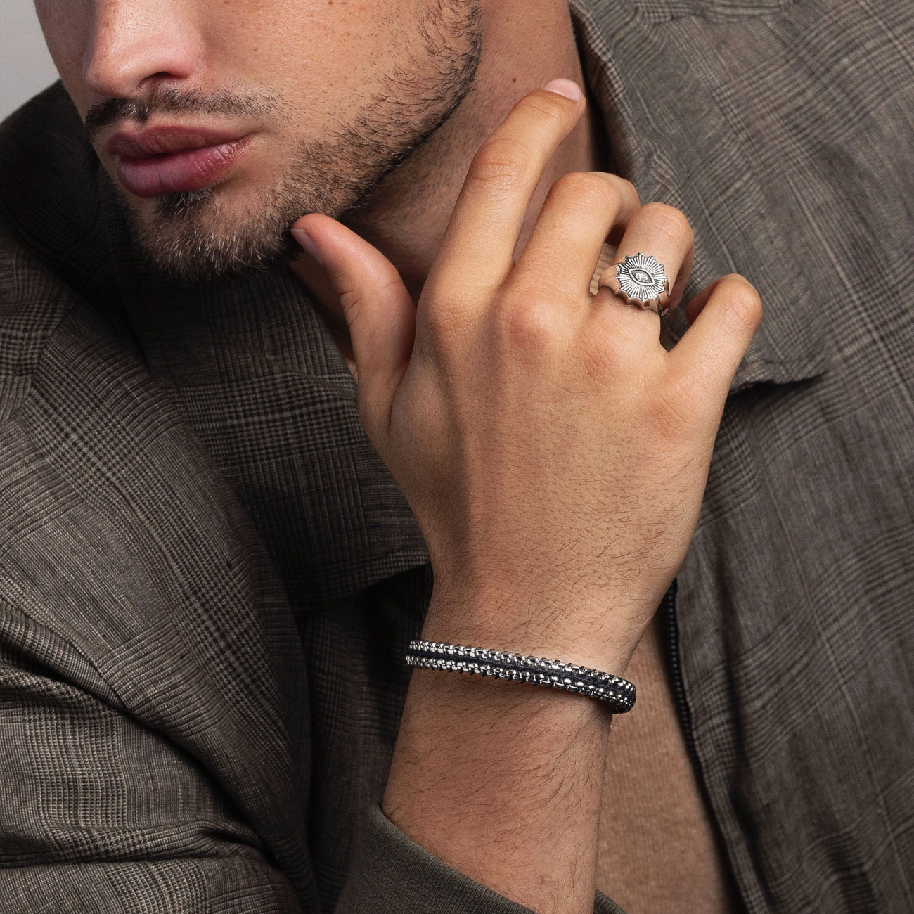 Nialaya Men&#8217;s Black Woven 8mm Box Chain Bracelet in Silver