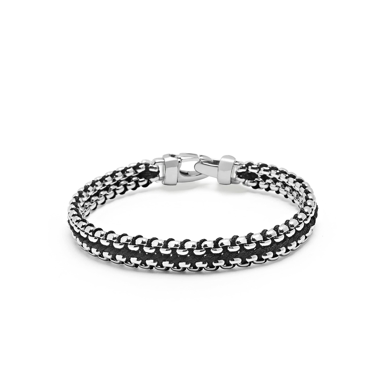 Nialaya Men&#8217;s Black Woven 8mm Box Chain Bracelet in Silver