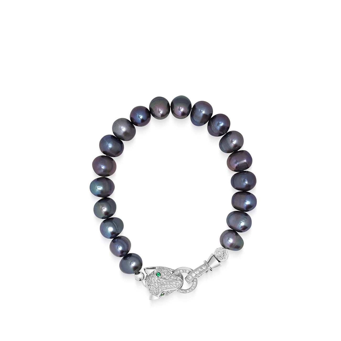 Nialaya Men&#8217;s Black Pearl Bracelet with Silver Panther