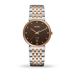 Rado Florence Diamonds 38mm watch with brown sunray dial, rose gold accents, and diamond hour markers