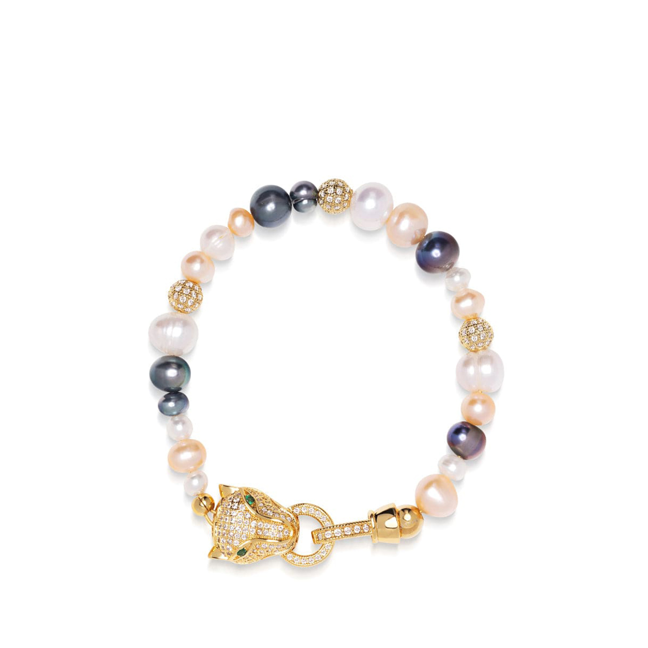 Nialaya Women&#8217;s Multi-Colored Pearl Bracelet with Gold Panther Head