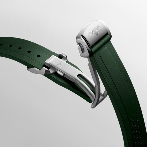 Green rubber watch strap with double security folding clasp and micro-adjustment system