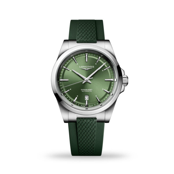 Longines Conquest 41mm green dial automatic watch with rubber strap – available at Gregory Jewellers