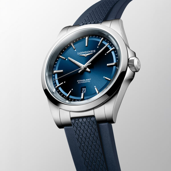 Longines Conquest 41mm watch with blue sunray dial and rubber strap