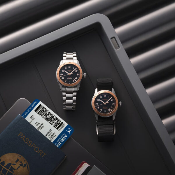 Longines Spirit Zulu Time 39mm L3.803.5.53.6 with black dial, steel and 18K pink gold cap case, and stainless steel bracelet