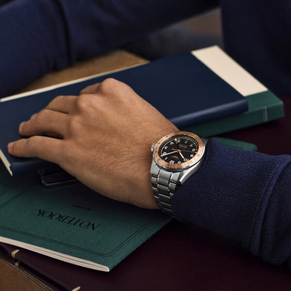 Longines Spirit Zulu Time 39mm L3.803.5.53.6 with black dial, steel and 18K pink gold cap case, and stainless steel bracelet