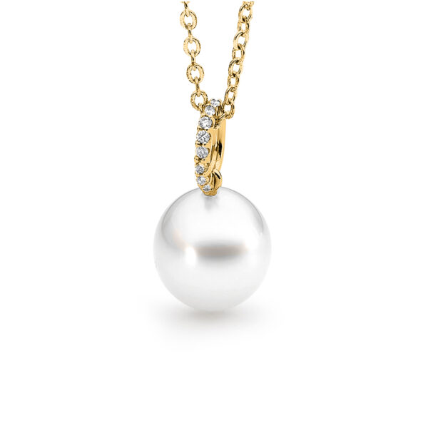 Allure South Sea Pearl and Diamond Pendant in 18K Yellow Gold – Oval 11-12mm White Pearl with Claw Set Bale
