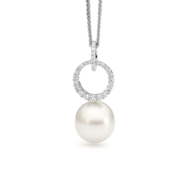 Allure South Sea Pearl and Diamond Circle Drop Pendant in 18K White Gold – 14-15mm Oval White Pearl with Graduating Round Diamonds