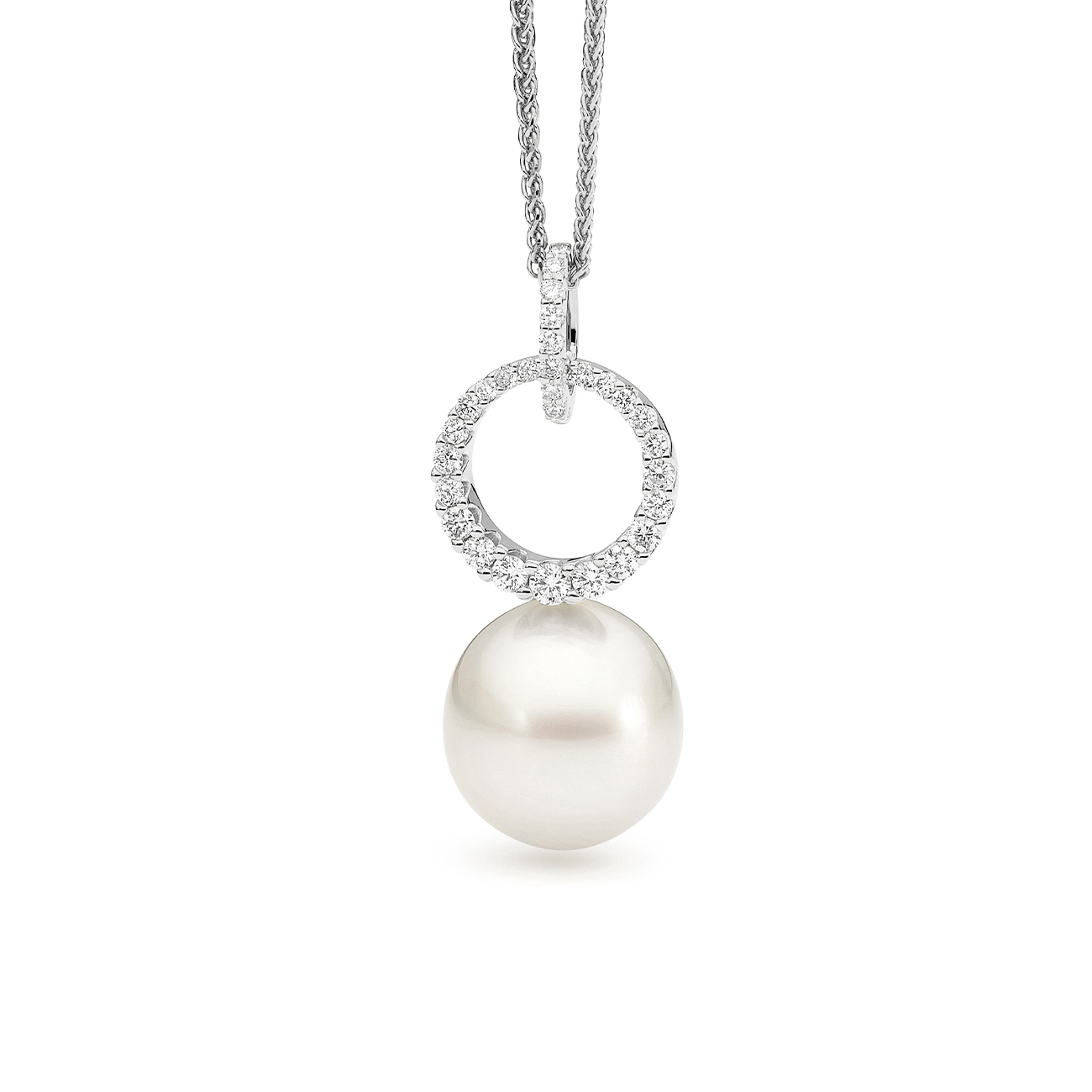 Allure South Sea Pearl &#038; Diamond Circle Drop Pendant in 18K White Gold