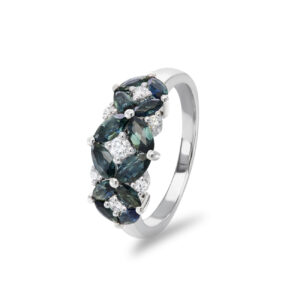 Primrose ring with floral cluster of marquise blue sapphires and white diamonds in 18k white gold