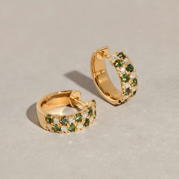 Vivienne hoop earrings with round green sapphires and white diamonds in 18k yellow gold