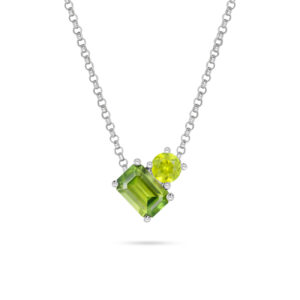 Toi et Moi necklace with light parti emerald cut and yellow round brilliant cut Australian sapphires in 9k white gold