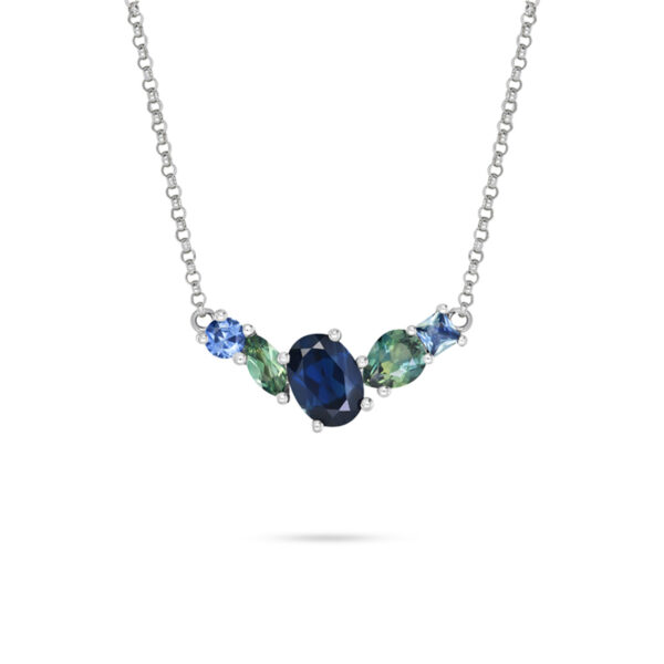 Ophelia necklace with floral cluster of multicoloured Australian sapphires in 9k white gold