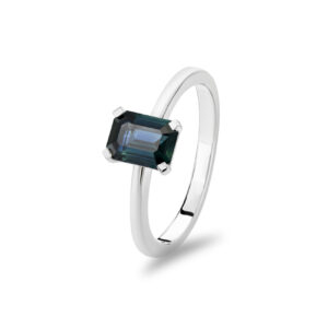 Maira ring with emerald cut blue Australian sapphire set in 9k white gold