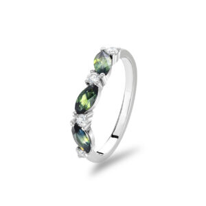 Teal Australian Sapphire Isley Ring in 18k White Gold with marquise sapphires and round white diamonds