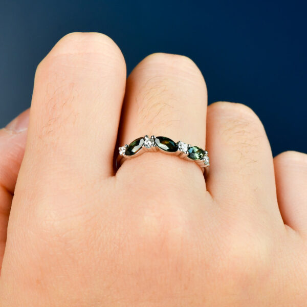 Teal Australian Sapphire Isley Ring in 18k White Gold with marquise sapphires and round white diamonds