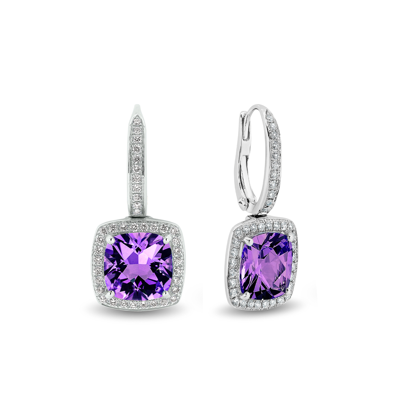 Tycoon Cushion Amethyst & Diamond Halo Drop Earrings In 18K White Gold