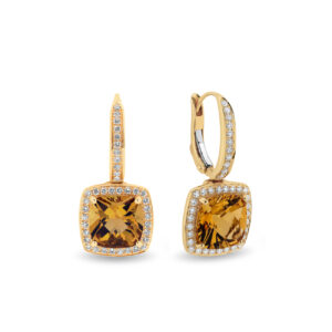 Tycoon Cushion Citrine & Diamond Halo Drop Earrings In 18K Yellow Gold