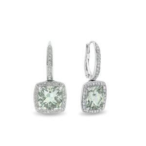 ycoon Cushion Green Amethyst and Diamond Halo Drop Earrings in 18K White Gold Fine Jewellery